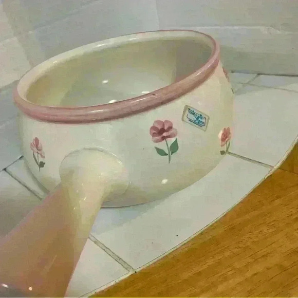 Vintage Portugal Ceramic  Pot w/ Handle Hand Painted Pink Floral - Picture 2 of 5